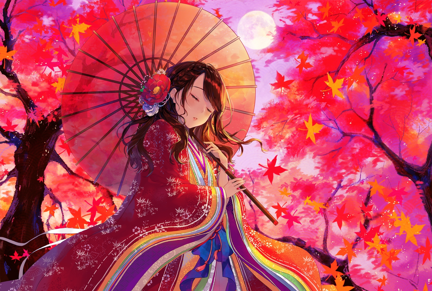 autumn, braids, brown_hair, flowers, japanese_clothes, leaves, long_hair, sky, sudach_koppe, tree, umbrella