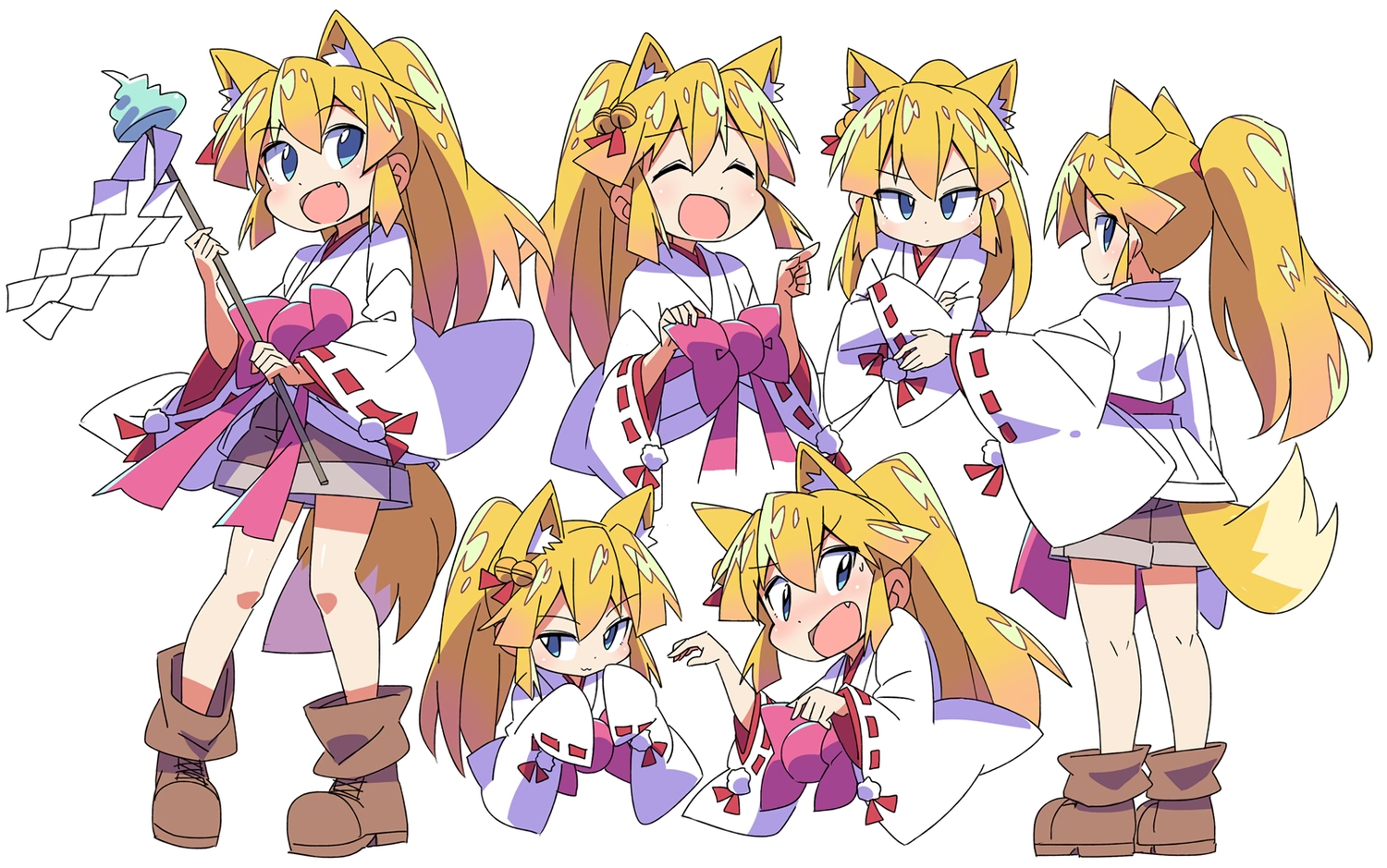 animal_ears, aqua_eyes, bell, boots, bow, cat_smile, fang, foxgirl, japanese_clothes, miko, original, ponytail, roku_no_hito, shorts, staff, tail, white