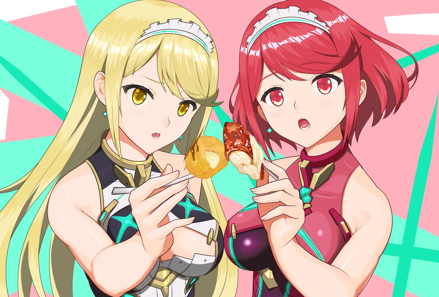 2girls, blonde_hair, bodysuit, breasts, close, dolling60883582, food, headdress, hikari_(xenoblade), homura_(xenoblade), long_hair, red_eyes, red_hair, short_hair, skintight, xenoblade, yellow_eyes