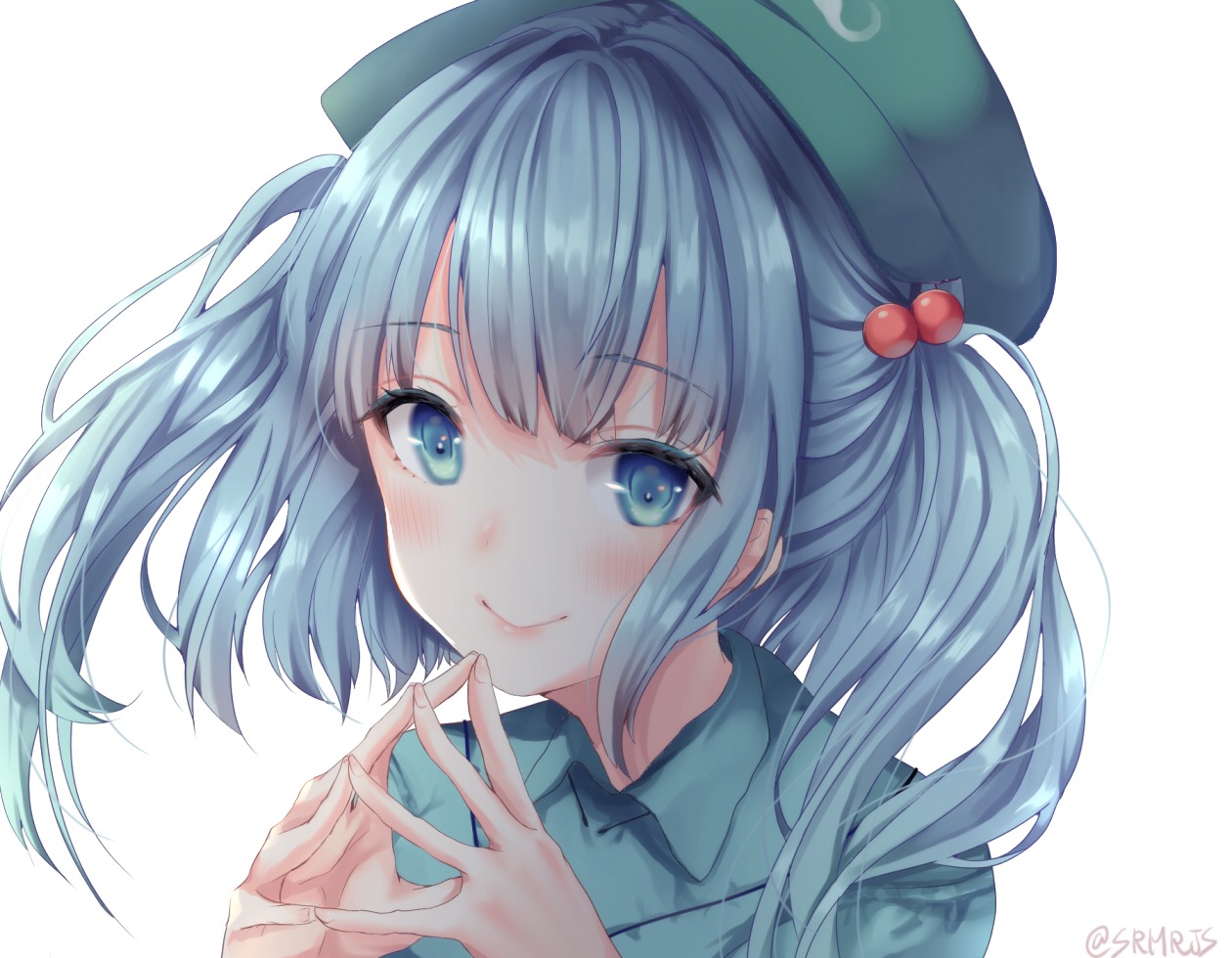aqua_eyes, aqua_hair, blush, close, hat, kawashiro_nitori, shiromoru_(yozakura_rety), signed, touhou, twintails