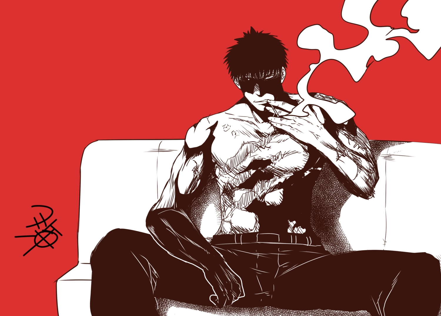 all_male, black_hair, cigarette, couch, kamio_reiji_(yua), kantai_collection, male, polychromatic, red, scar, short_hair, signed, sketch, smoking, spread_legs, topless, yua_(checkmate)