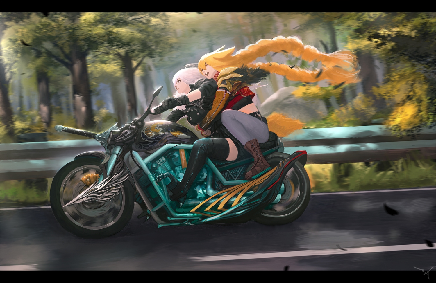 2girls, animal_ears, blonde_hair, boots, braids, ex-trident, feathers, forest, gloves, hug, long_hair, motorcycle, original, thighhighs, tree, twintails, white_hair, zettai_ryouiki