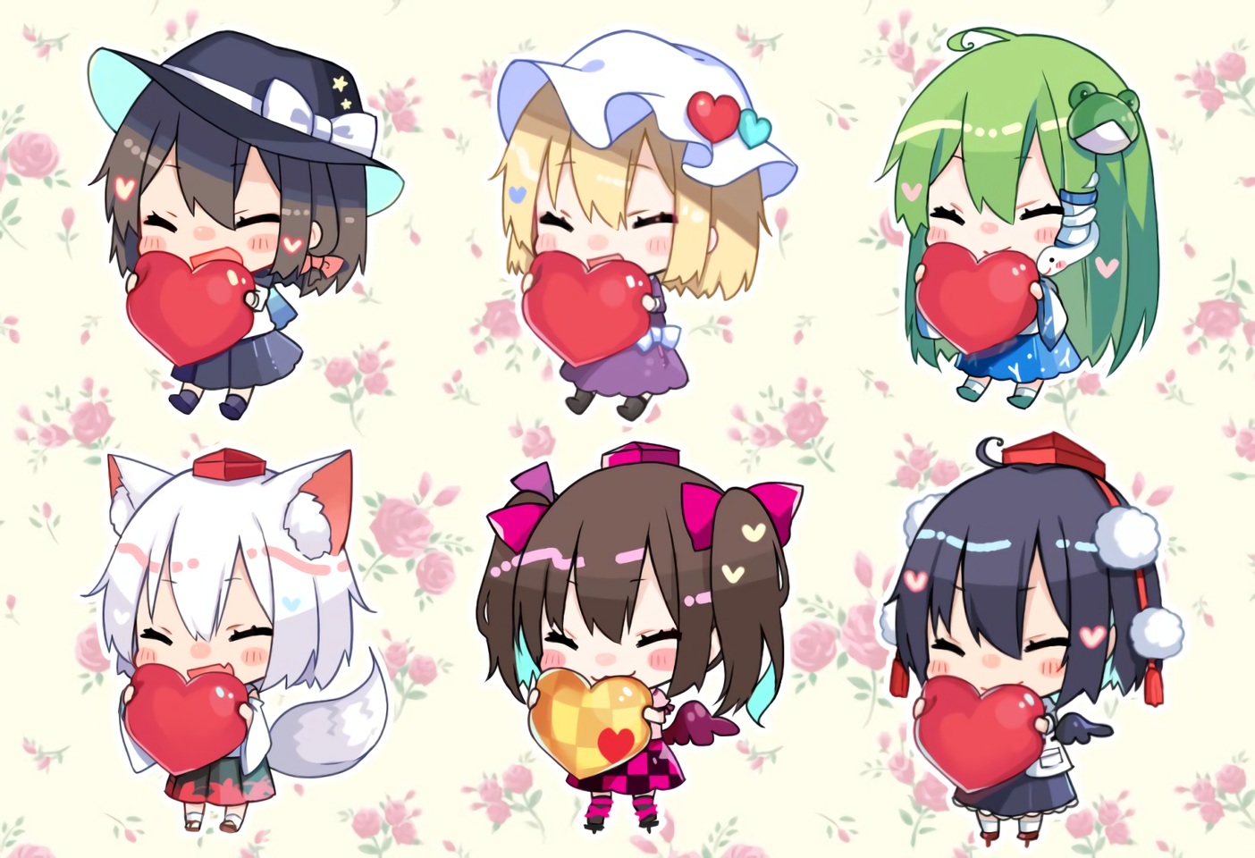 animal, animal_ears, black_hair, blonde_hair, blush, bow, brown_hair, cat_smile