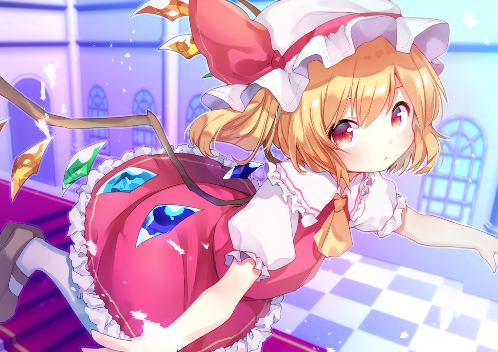 arare_mochiko, blonde_hair, dress, flandre_scarlet, hat, loli, red_eyes, short_hair, stairs, stockings, touhou, vampire, wings