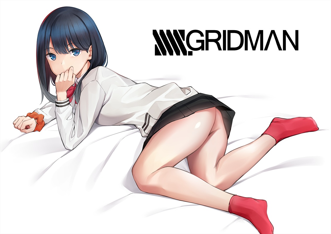 ass, black_hair, blue_eyes, bow, logo, school_uniform, skirt, socks