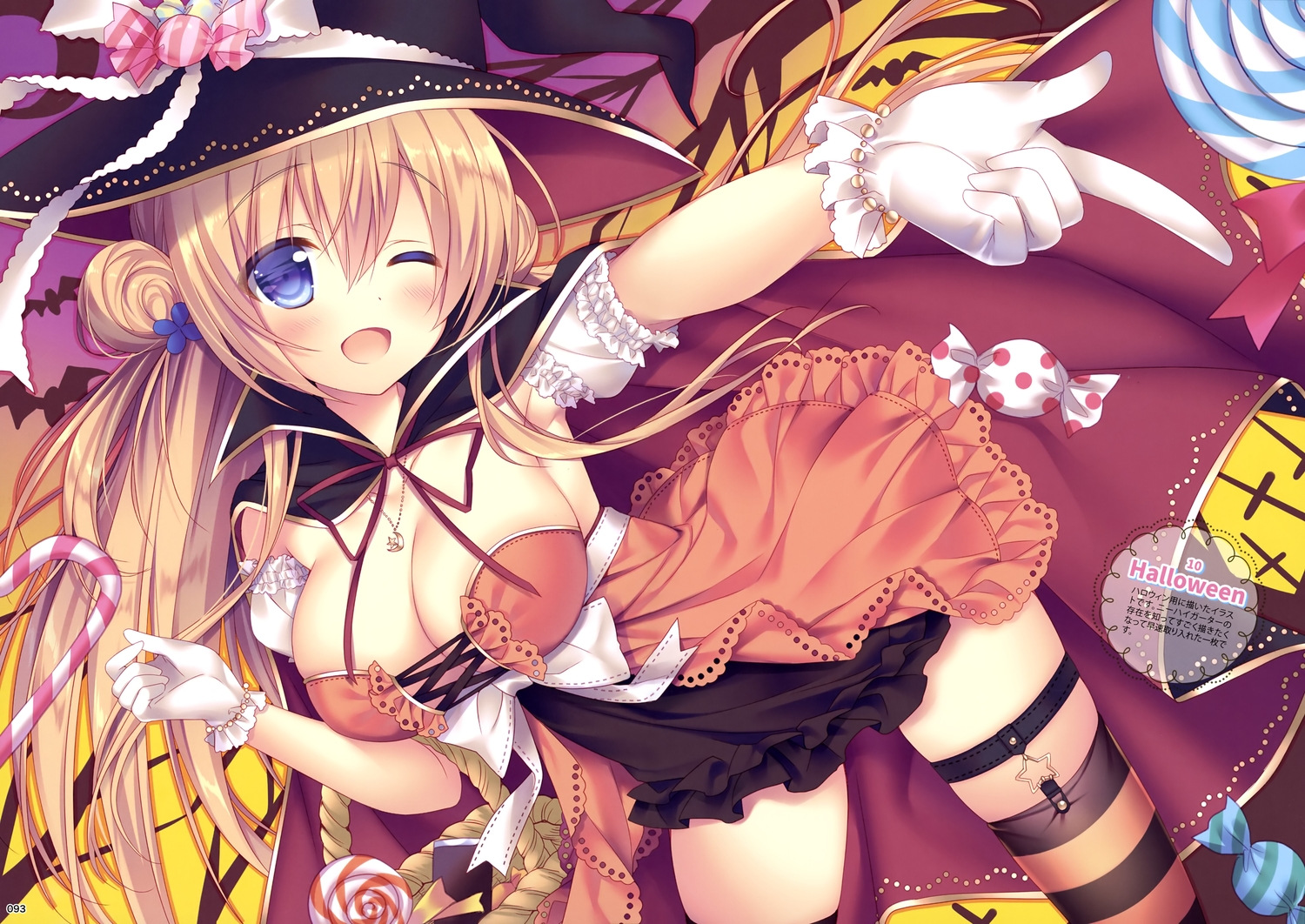 aqua_eyes, blonde_hair, blush, bow, breasts, candy, cape, cleavage