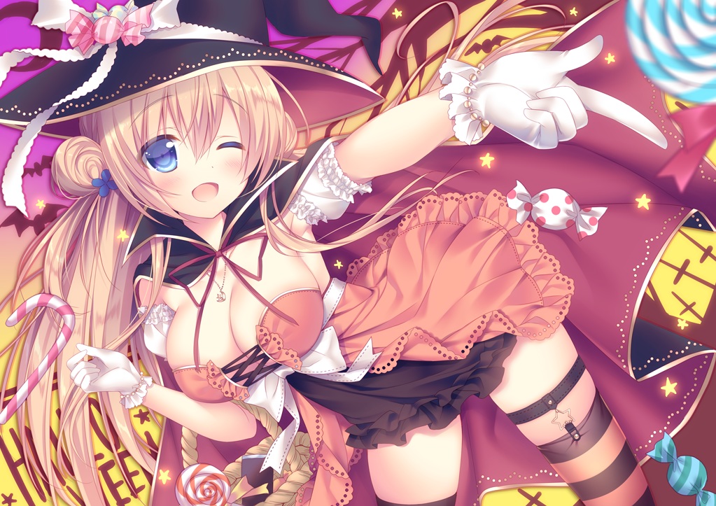 aqua_eyes, blonde_hair, blush, bow, breasts, candy, cape, cleavage, dress, garter, gloves, halloween, hat, lollipop, long_hair, necklace, original, ribbons, sorai_shinya, thighhighs, traene_(sorai_shinya), wink, witch_hat