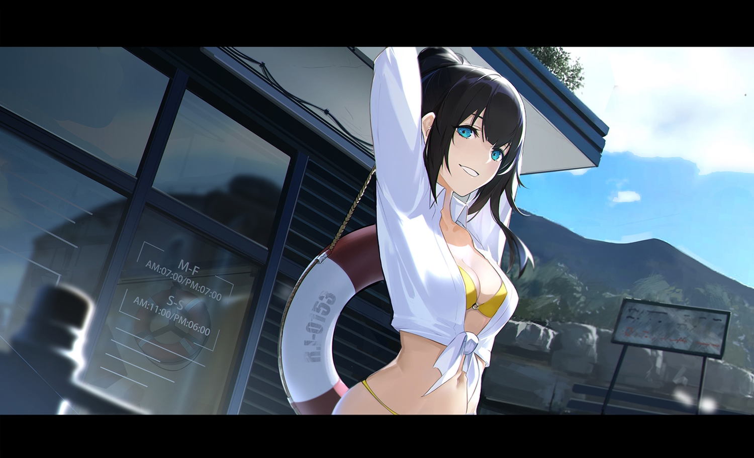 aqua_eyes, bikini, black_hair, breasts, building, cleavage, clouds, narcolepsy-1900