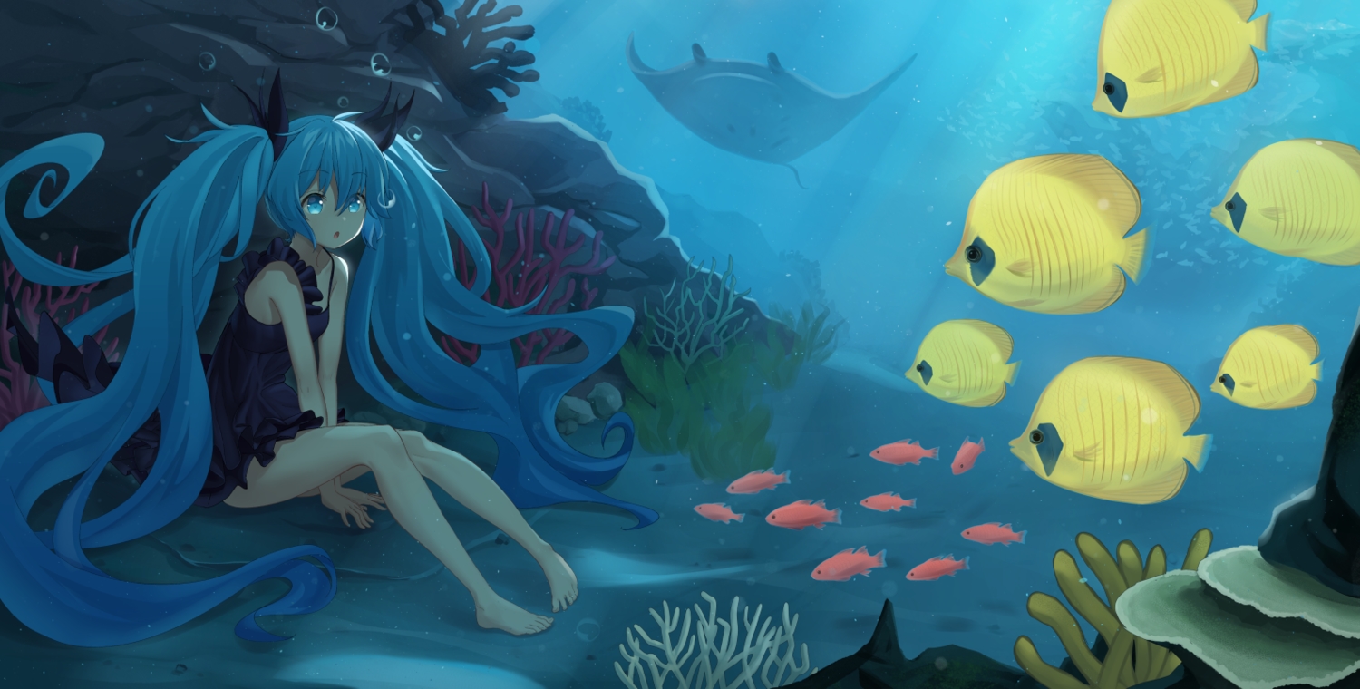 aliasing, animal, aqua_eyes, aqua_hair, bibboss39, bubbles, deep-sea_girl_(vocaloid), dress, fish, hatsune_miku, long_hair, twintails, underwater, vocaloid, water