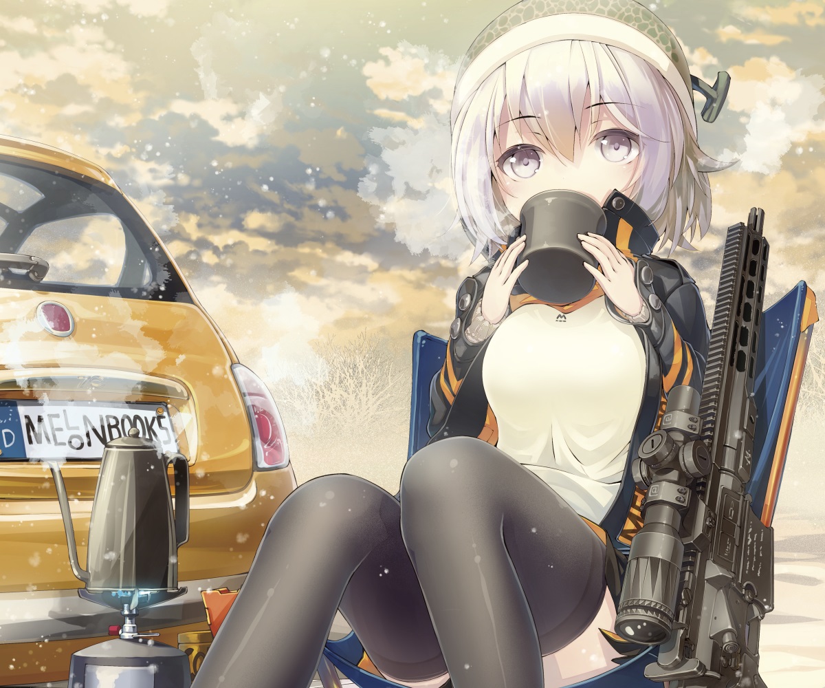 car, clouds, cropped, drink, gray_eyes, gun, hat, melonbooks