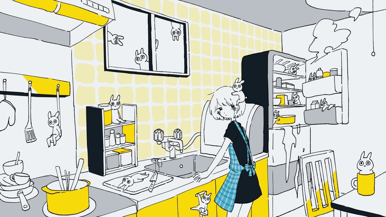 animal, apron, blush, dress, mitsuki_sanagi, polychromatic, scenic, short_hair