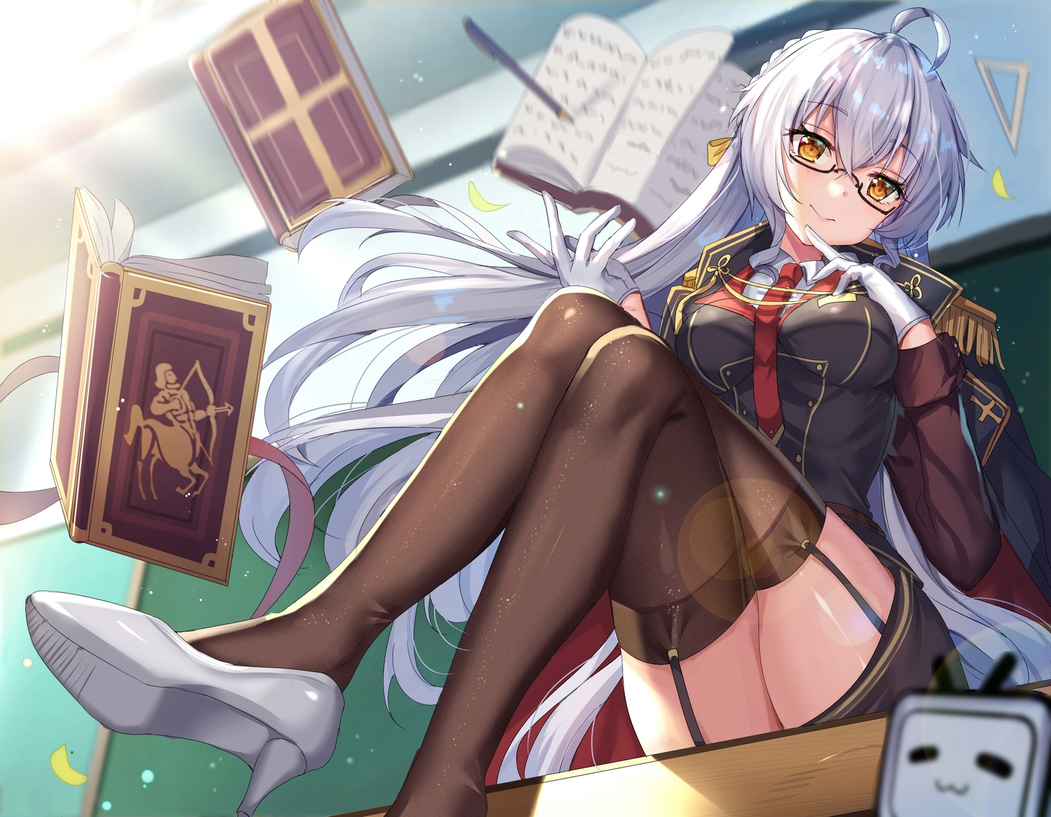 ark_order, book, braids, garter_belt, glasses, gloves, long_hair, mage, magic, niconico, shanguier, skirt, stockings, thighhighs, tie, uniform, white_hair, yellow_eyes
