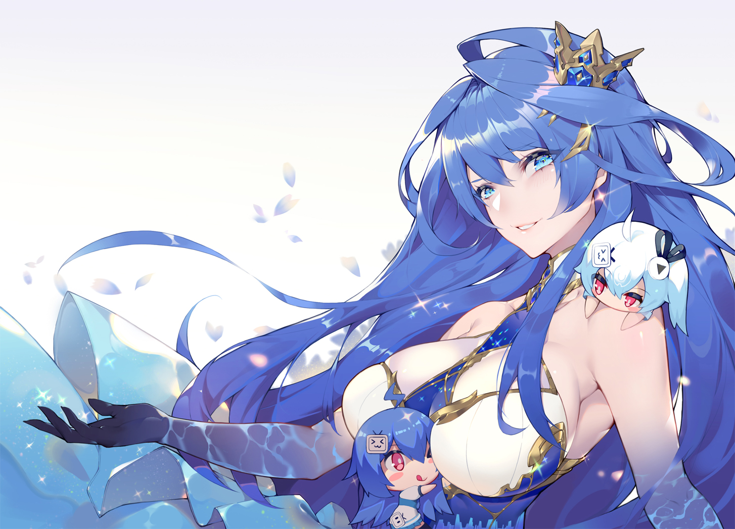 aqua_eyes, ark_order, bili_bili_douga, bili_girl_22, bili_girl_33, blue_hair, breasts, calder, chibi, crown, long_hair, magic, petals, pink_eyes, red_eyes, wink