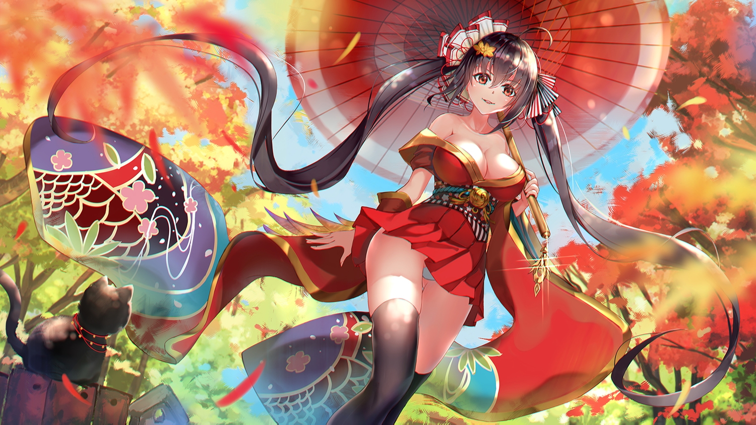 animal, animal_ears, anthropomorphism, asanogawa_(tutufcc), autumn, azur_lane, black_hair, breasts, cat, cleavage, clouds, japanese_clothes, long_hair, panties, red_eyes, skirt, sky, taihou_(azur_lane), thighhighs, tree, twintails, umbrella, underwear