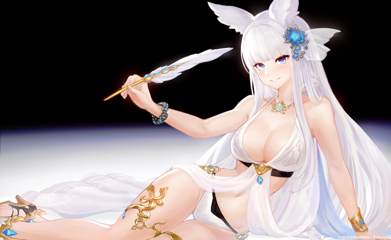 animal_ears, aqua_eyes, blush, breasts, choker, cleavage, edward_montenegro, feathers