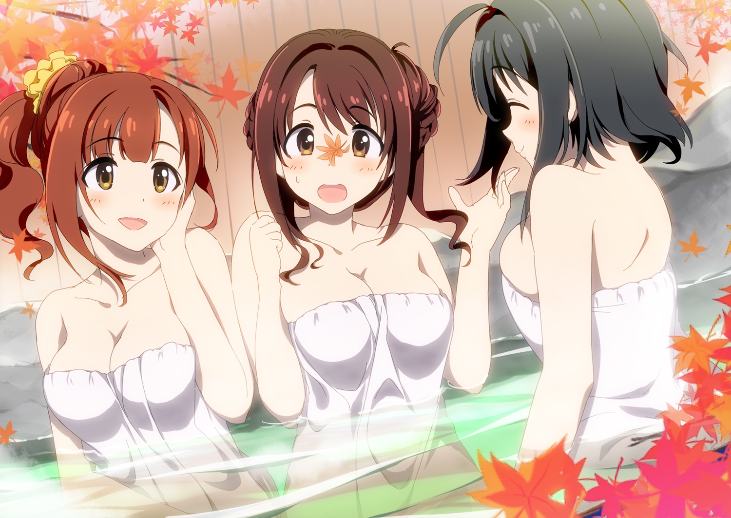 autumn, black_hair, braids, breasts, brown_eyes, brown_hair, cleavage, idolmaster