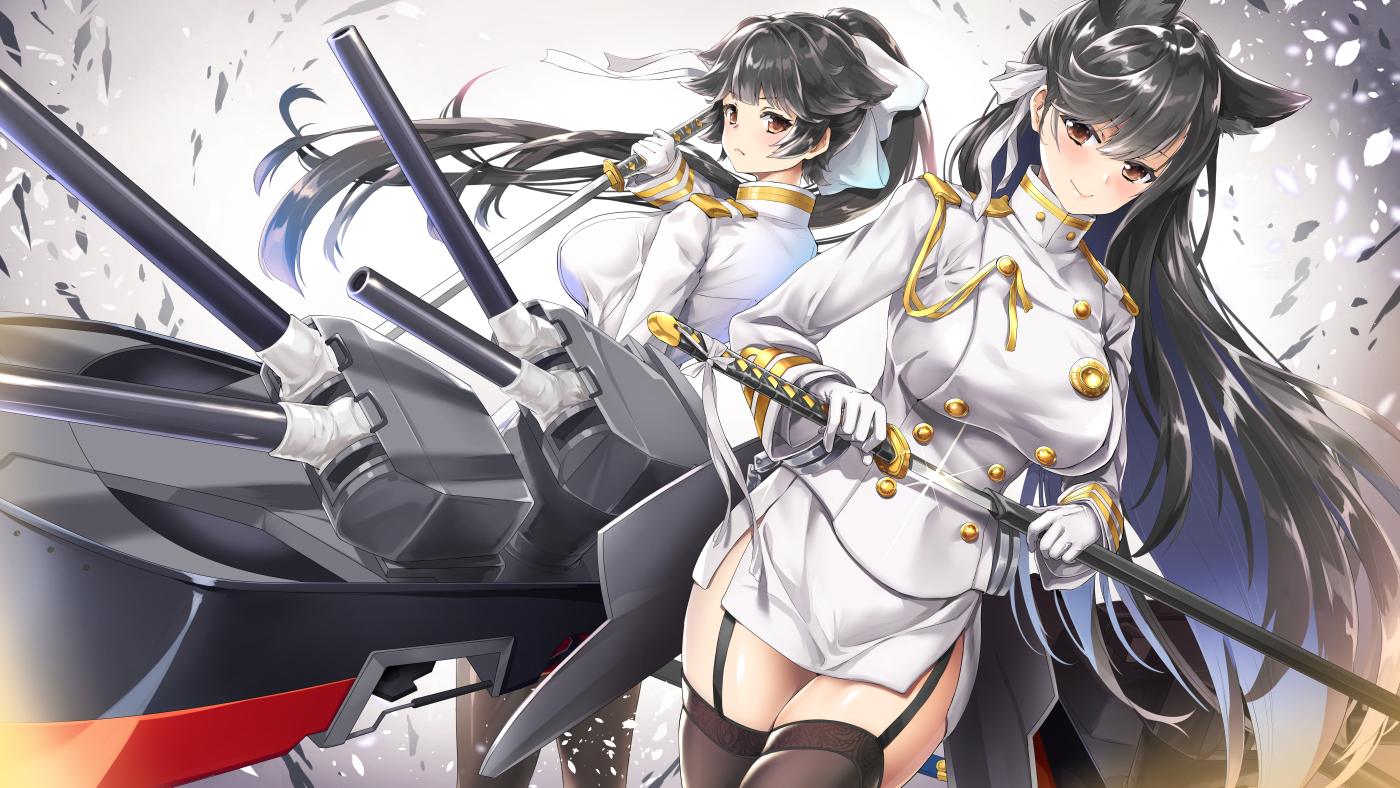 2girls, aliasing, animal_ears, anthropomorphism, atago_(azur_lane), azur_lane, black_hair, bow, breasts, brown_eyes, doggirl, garter_belt, gloves, gradient, katana, long_hair, military, ribbons, skirt, stockings, sword, takao_(azur_lane), thighhighs, tyone, uniform, weapon, zettai_ryouiki