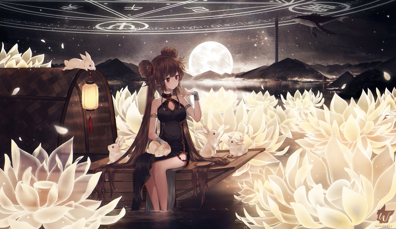 animal, boat, breasts, brown_hair, chinese_clothes, chinese_dress, cleavage, dress, dungeon_and_fighter, female_fighter_(dnf), fish, flowers, long_hair, magic, moon, night, rabbit, red_eyes, signed, stars, twintails, water, windporo, wristwear