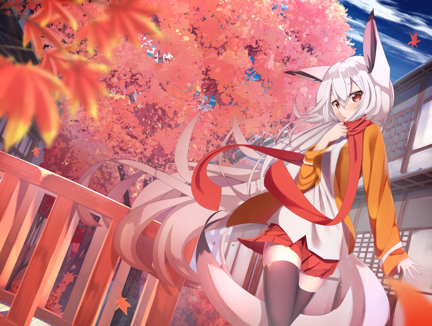 animal_ears, autumn, clouds, foxgirl, leaves, long_hair, original, red_eyes