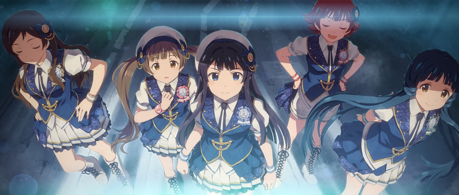 black_hair, blue_eyes, blue_hair, boots, brown_eyes, brown_hair, cat_smile, group