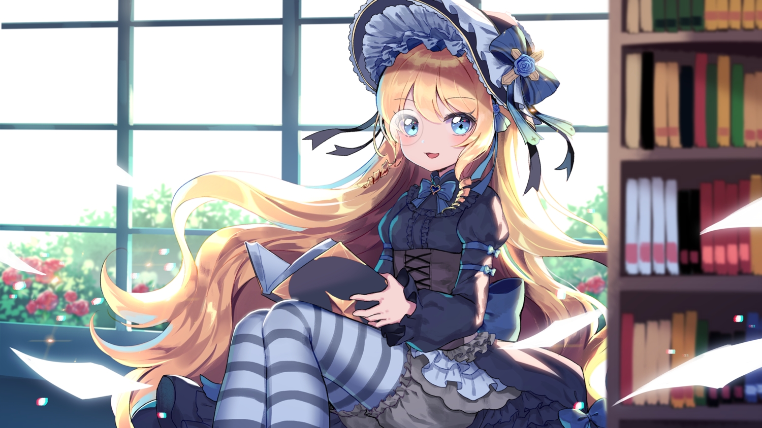 aqua_eyes, blonde_hair, bloomers, book, bow, corset, cynthia_(iron_saga), flowers