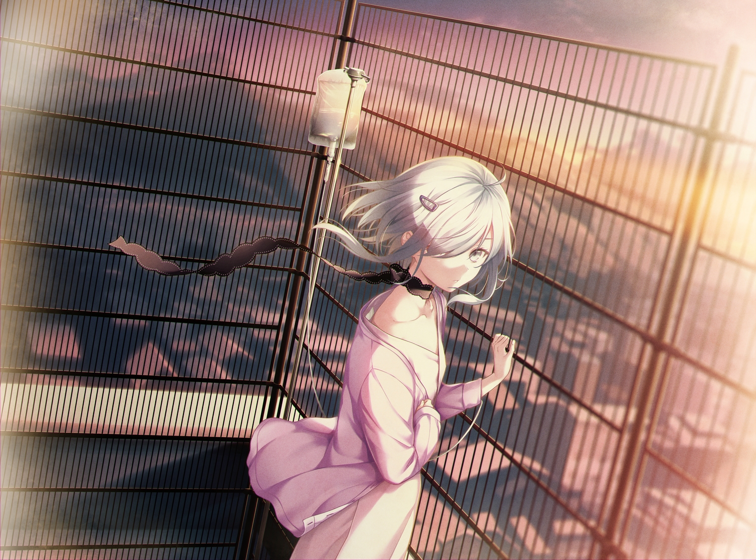 choker, deep_one, game_cg, gray_eyes, gray_hair, natsuhiko, short_hair, sunset
