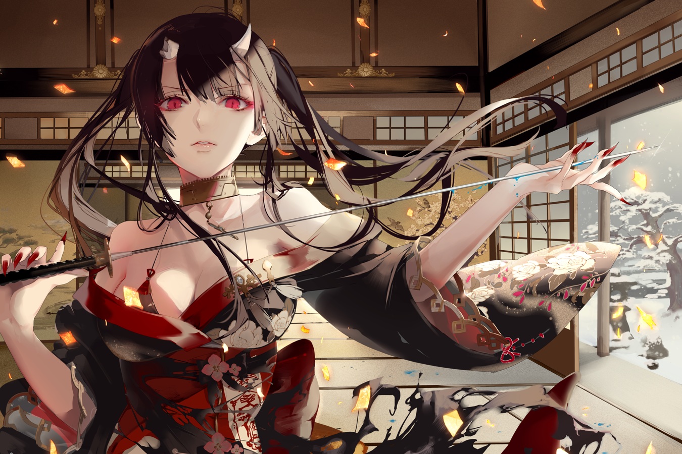 black_hair, breasts, cleavage, collar, demon, horns, japanese_clothes, katana, kimono, long_hair, original, red_eyes, snow, sword, twintails, weapon, yukisame