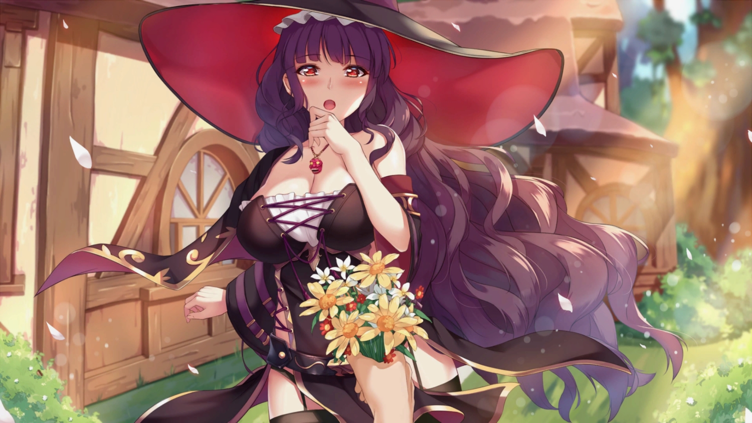 alchemist_mafercca, blush, flowers, game_cg, long_hair, mirror_(game), purple_hair, red_eyes, summer, tagme_(artist), witch