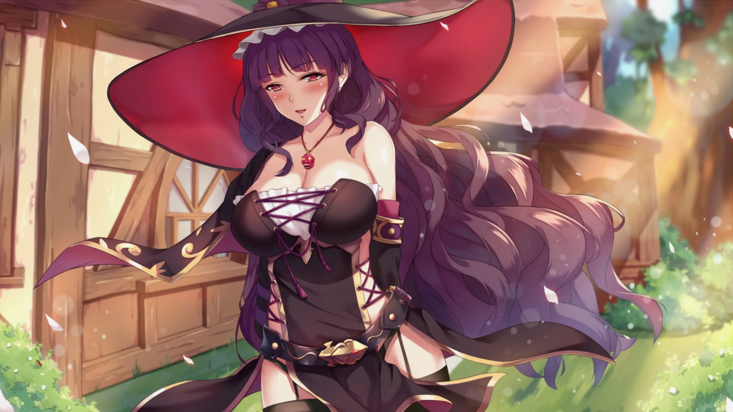 alchemist_mafercca, blush, game_cg, long_hair, mirror_(game), purple_hair, red_eyes, summer