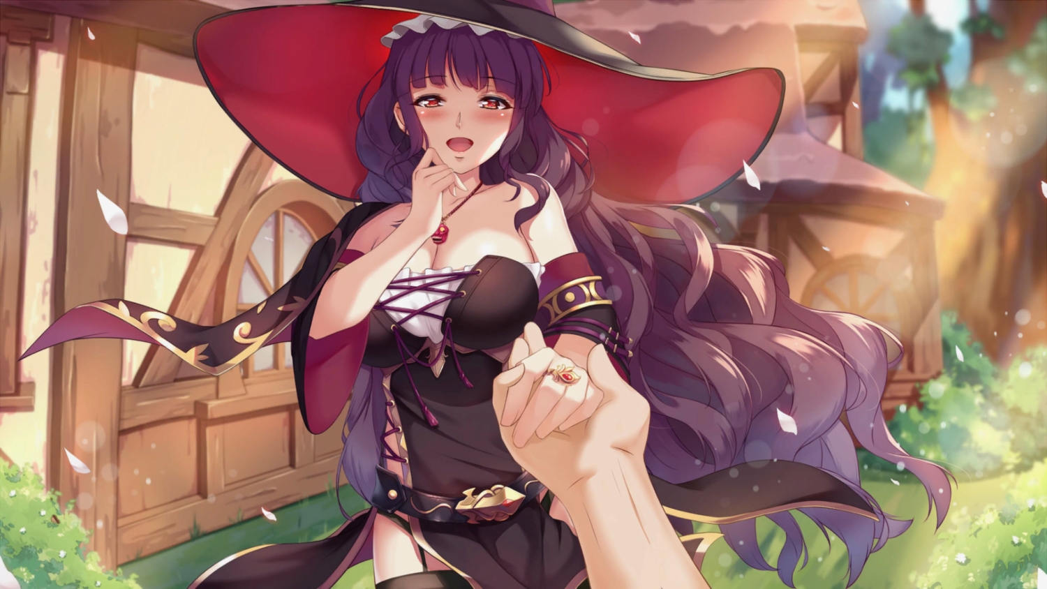 alchemist_mafercca, blush, game_cg, long_hair, mirror_(game), purple_hair, red_eyes, summer