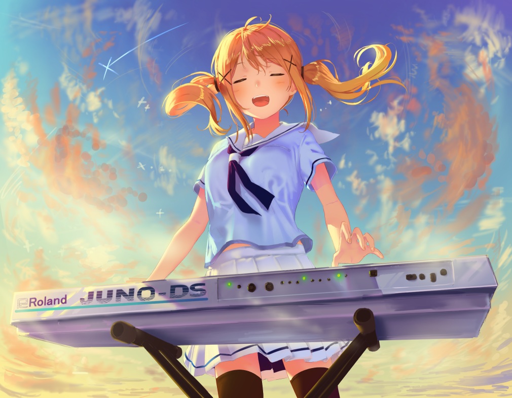 bang_dream!, blonde_hair, clouds, ichigaya_arisa, instrument, long_hair, piano, poligon046