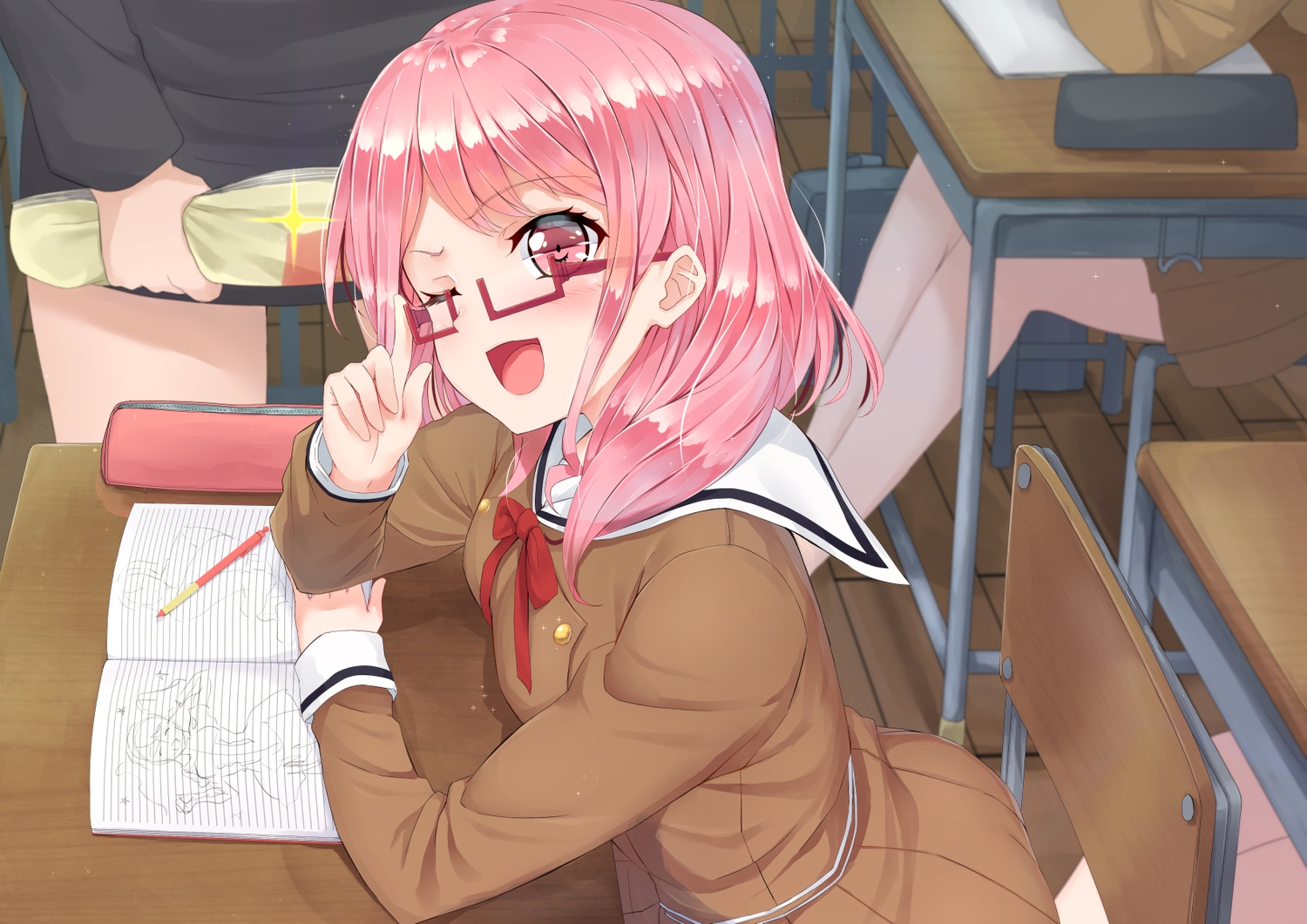 aliasing, bang_dream!, glasses, maruyama_aya, naitou_kirara, paper, pink_eyes, pink_hair, school_uniform, skirt, wink