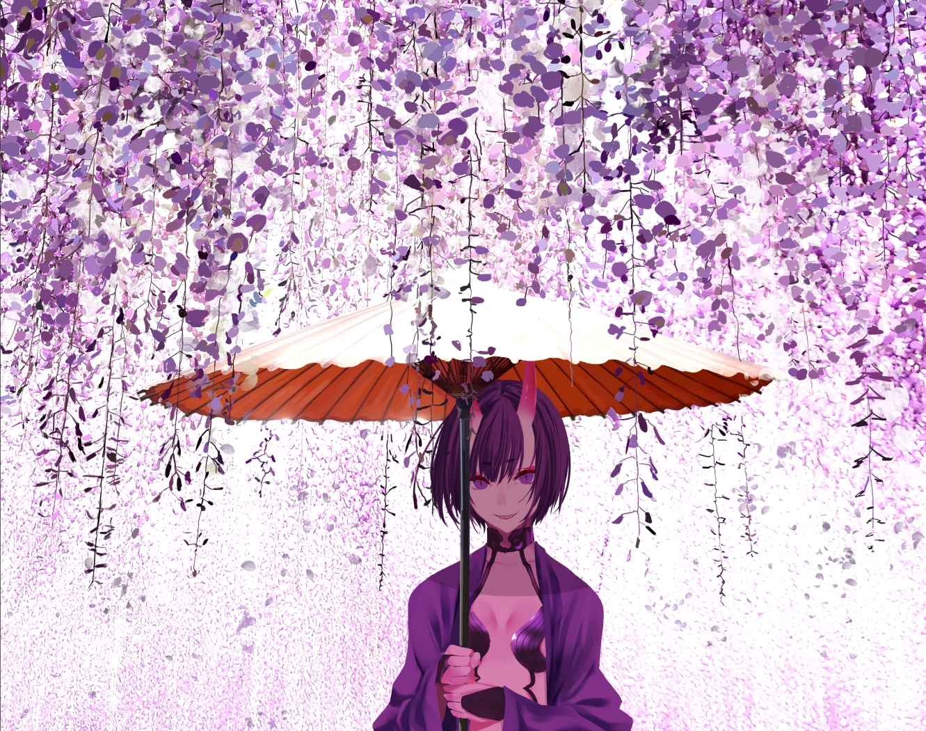 demon, fate/grand_order, fate_(series), flowers, horns, mikipuruun_no_naegi, purple_eyes, purple_hair