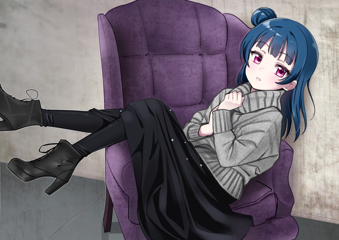 blue_hair, boots, deadnooodles, long_hair, love_live!_school_idol_project, love_live!_sunshine!!, pink_eyes, skirt