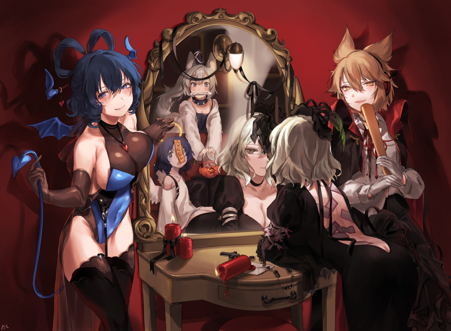 angel, animal_ears, ass, blonde_hair, blood, blue_eyes, blue_hair, blush