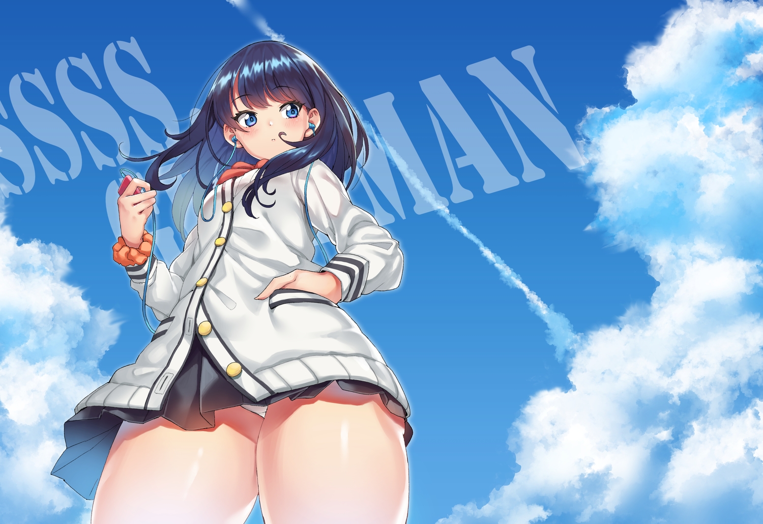 blue_eyes, blue_hair, blush, clouds, e90vwggy, headphones, panties, school_uniform, skirt, sky, ssss.gridman, takarada_rikka, underwear