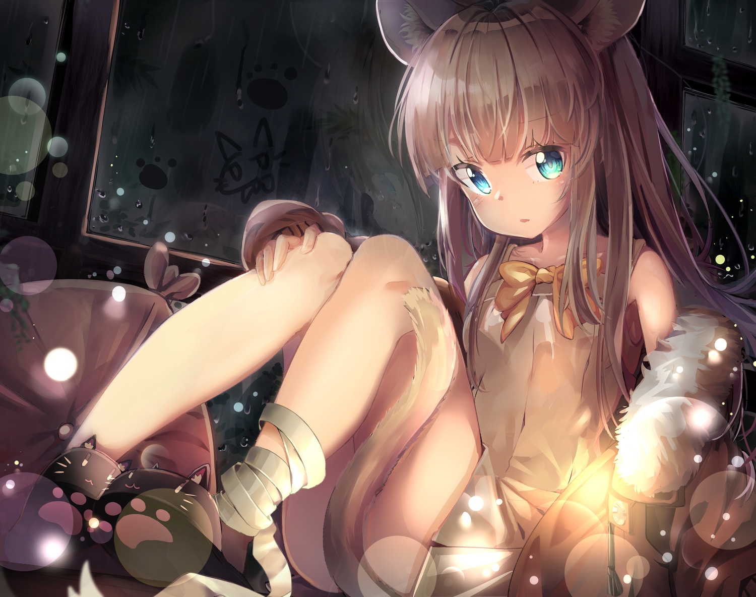animal_ears, animal_ears_(artist), aqua_eyes, blush, brown_hair, catgirl, dress, long_hair, original, rain, tail, water