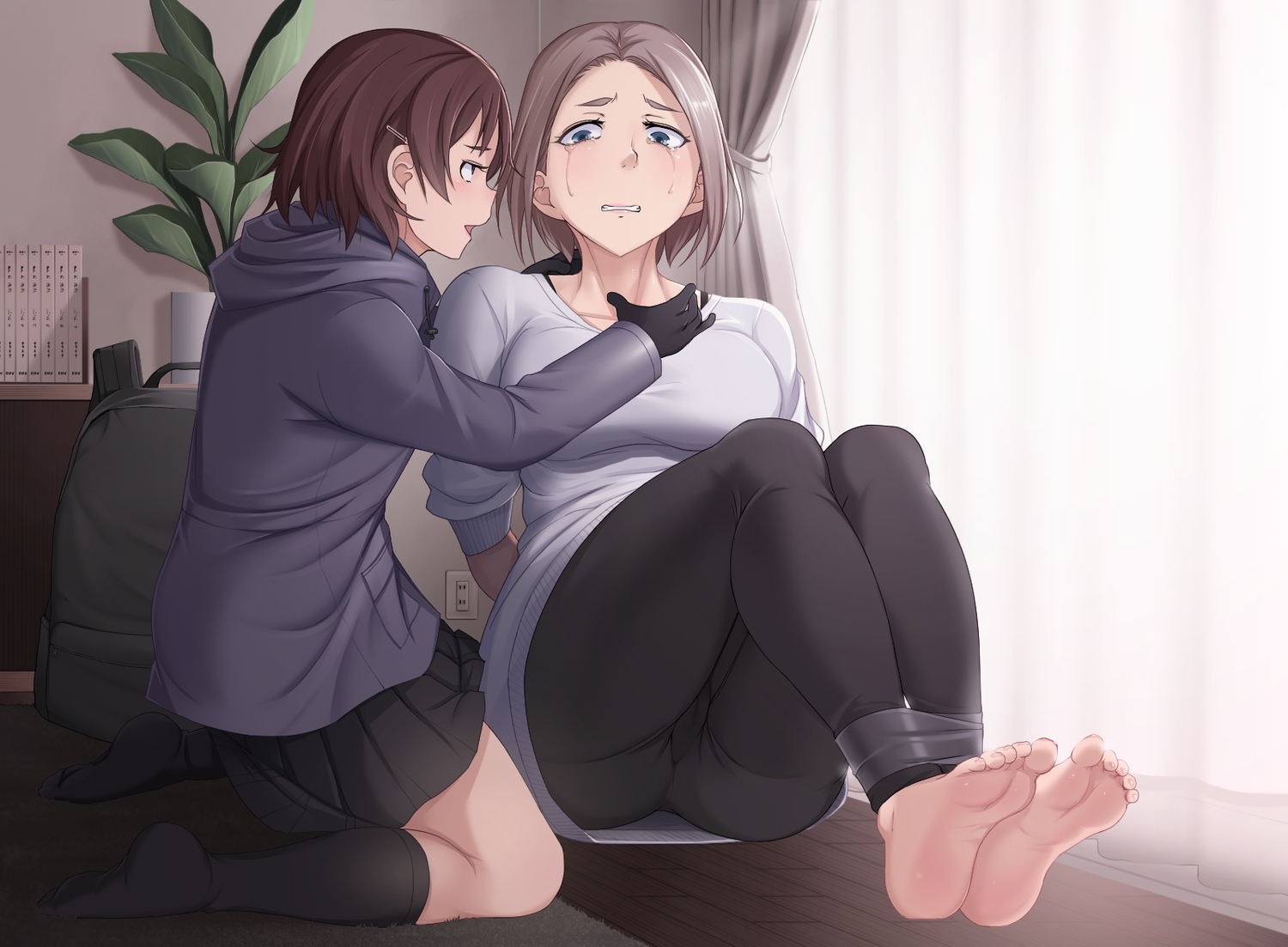 2girls, barefoot, blue_eyes, bondage, brown_hair, cameltoe, crying, erikku_(kata235), gloves, hood, kneehighs, original, short_hair, skirt, tears