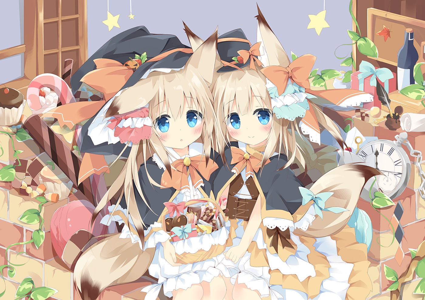 2girls, animal_ears, aqua_eyes, blonde_hair, blush, candy, cape, chocolate