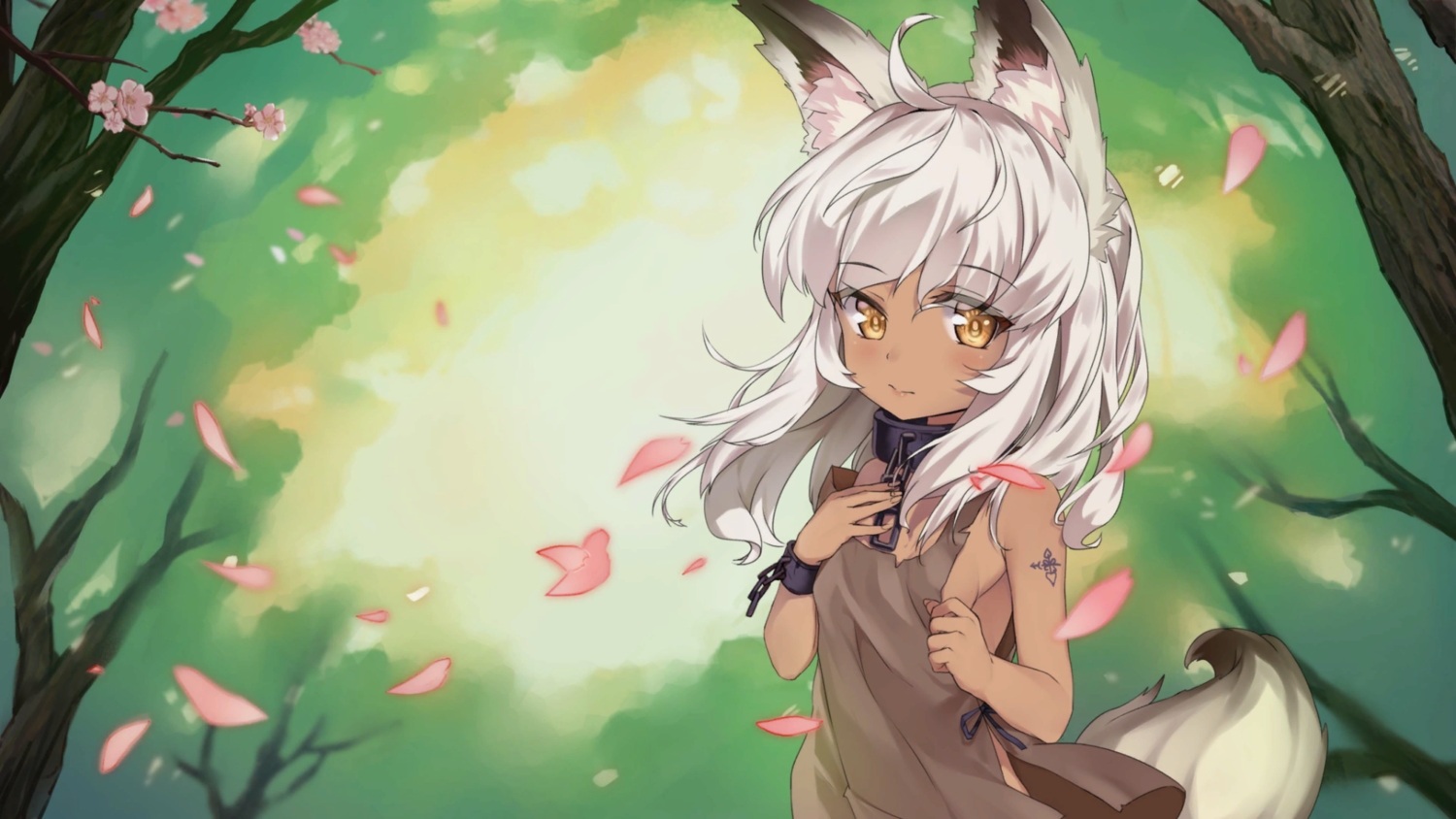 animal_ears, breasts, cherry_blossoms, collar, dark_skin, flowers, forest, foxgirl