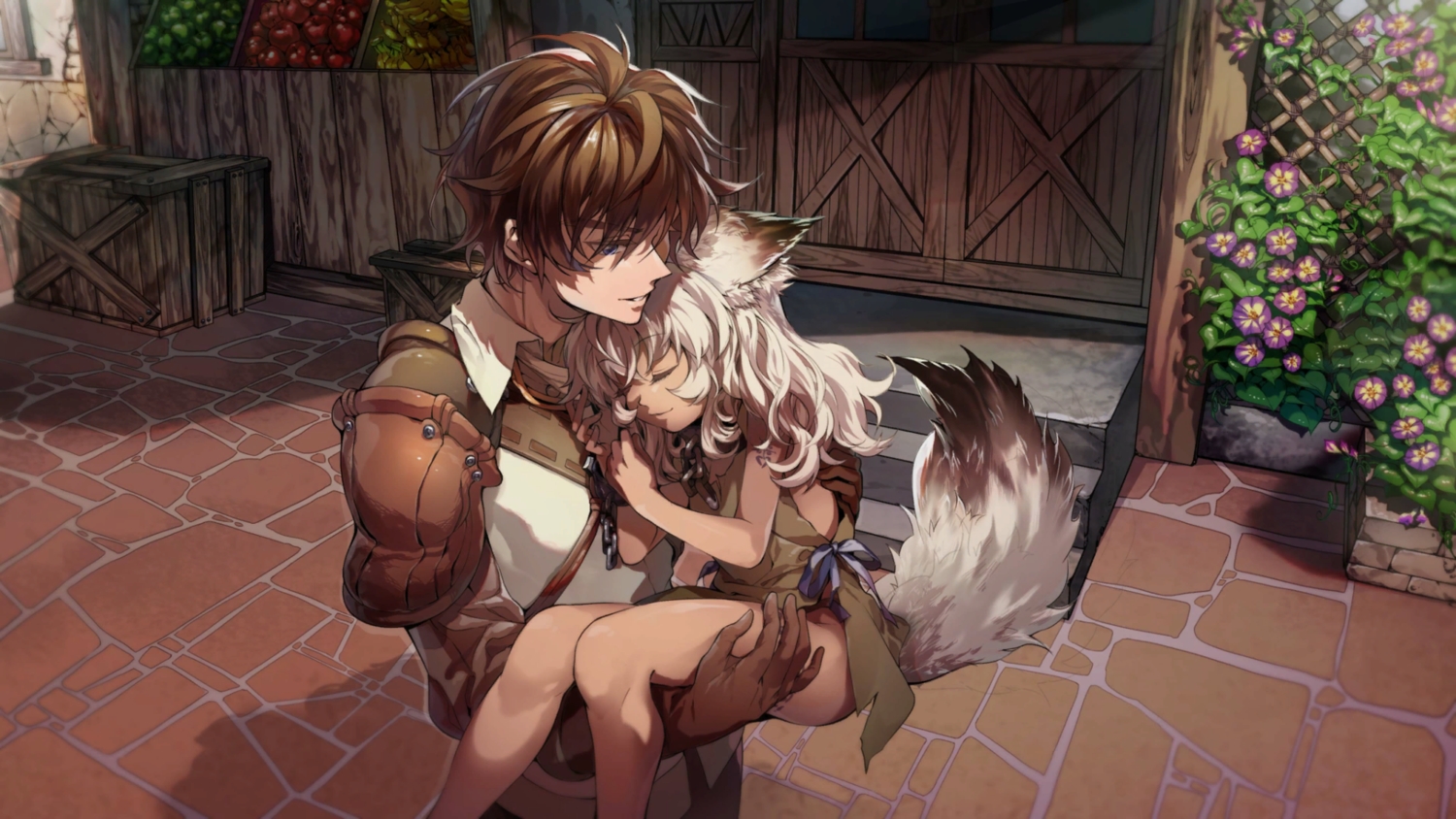 animal_ears, chain, collar, dark_skin, flowers, foxgirl, game_cg, long_hair