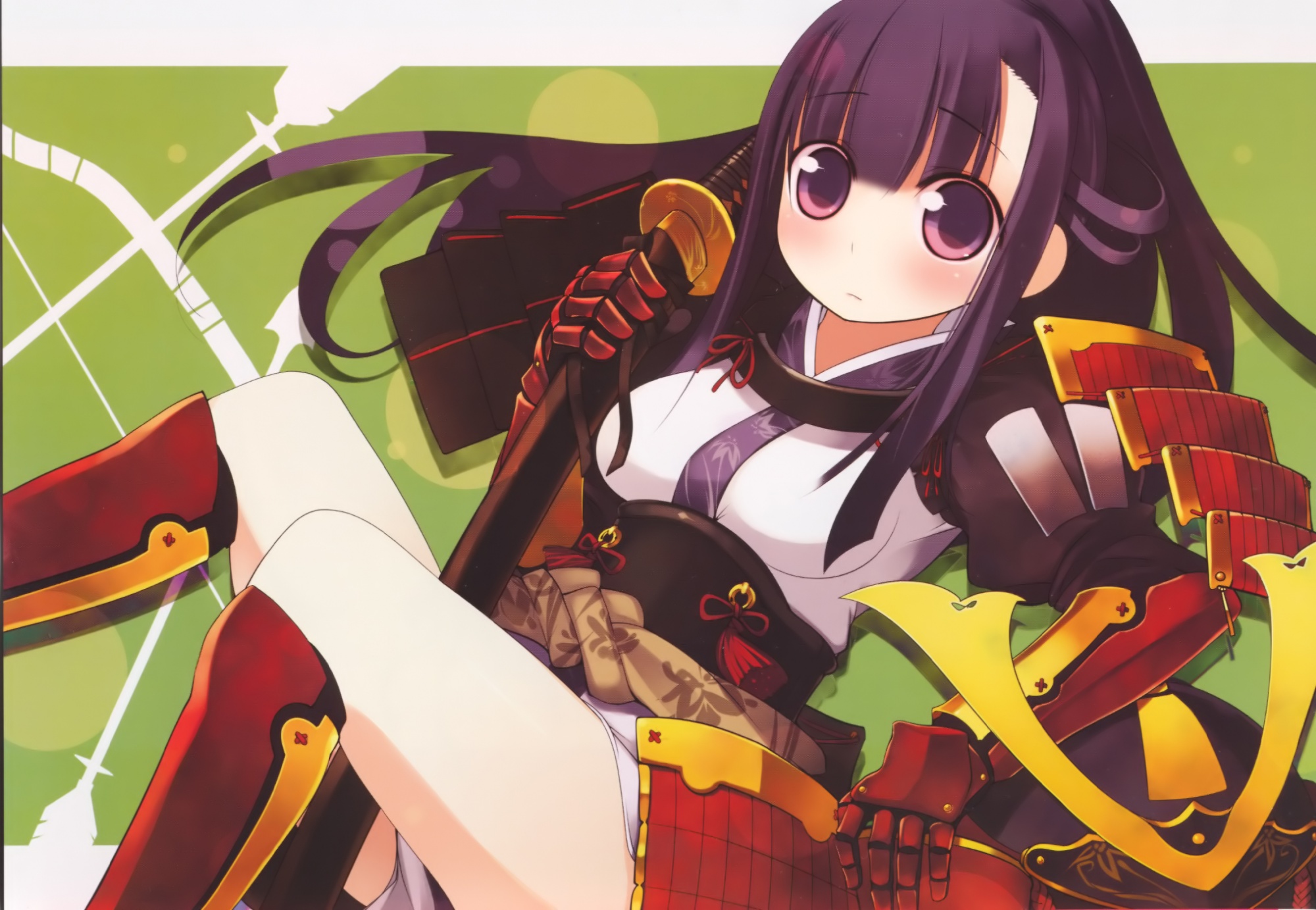 armor, breasts, kashiwamochi_yomogi, katana, long_hair, magi-cu, purple_eyes, purple_hair, samurai, scan, sword, weapon
