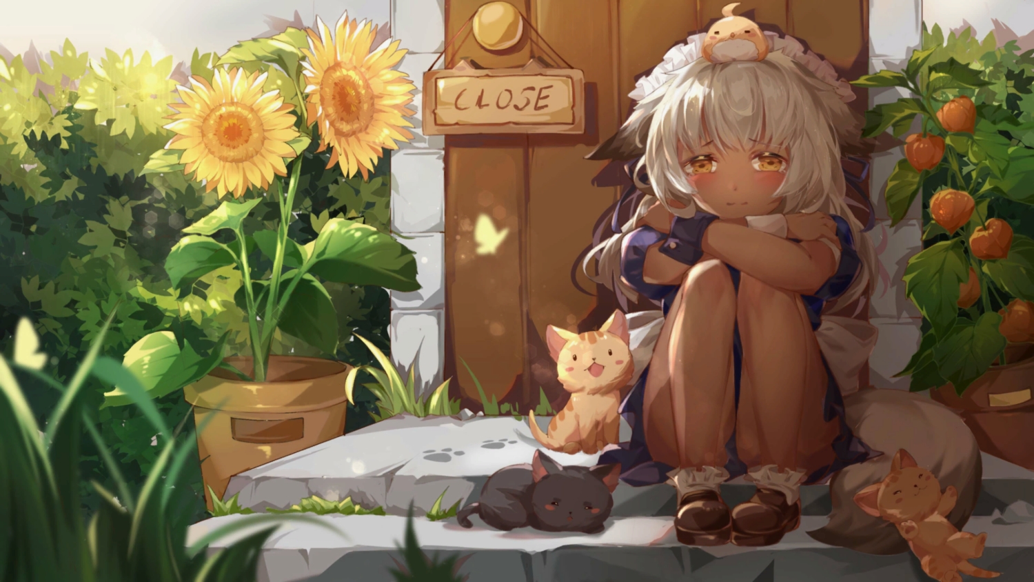 animal, animal_ears, cat, dark_skin, flowers, foxgirl, game_cg, headdress