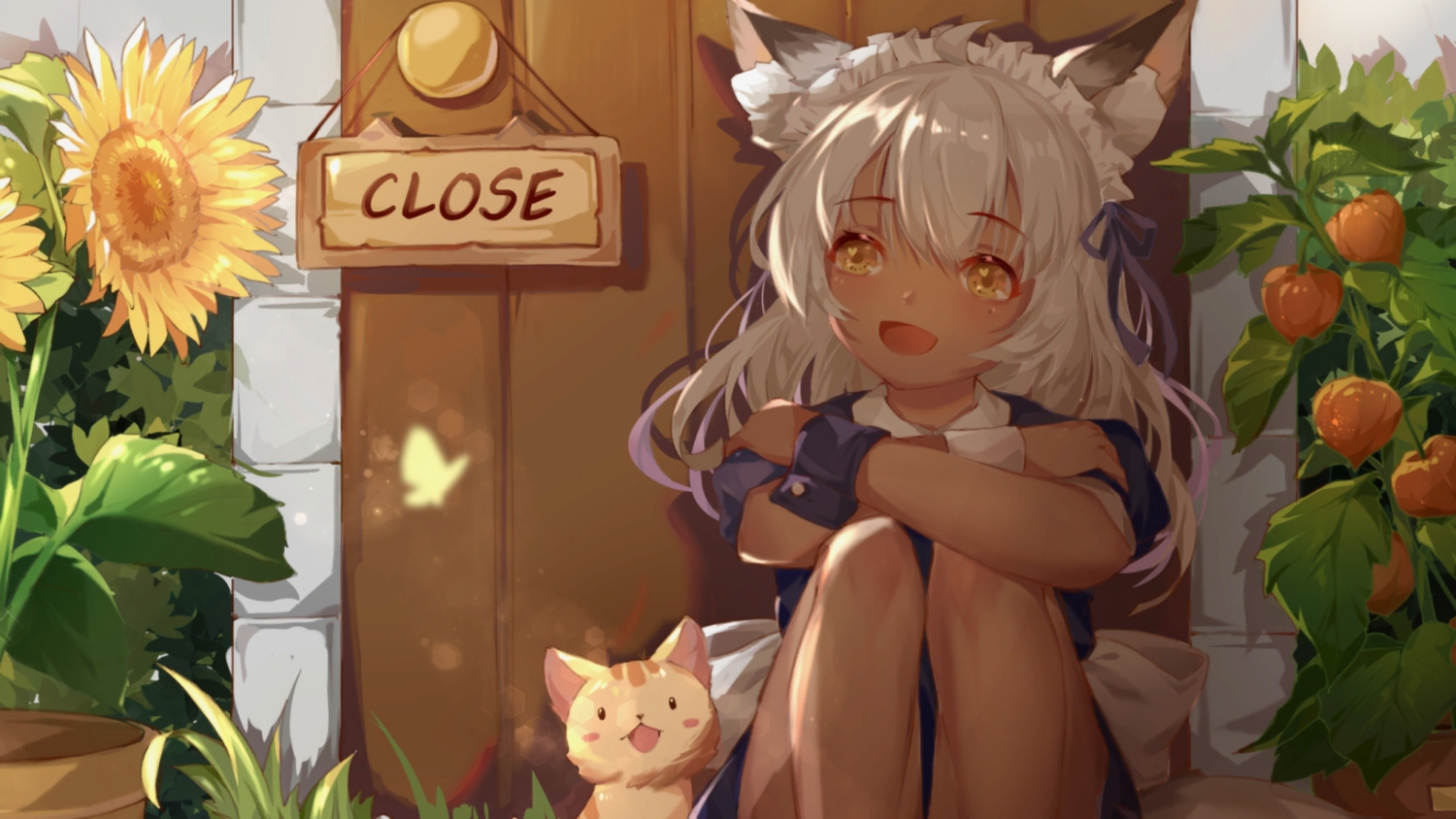 animal, animal_ears, cat, close, dark_skin, flowers, foxgirl, game_cg