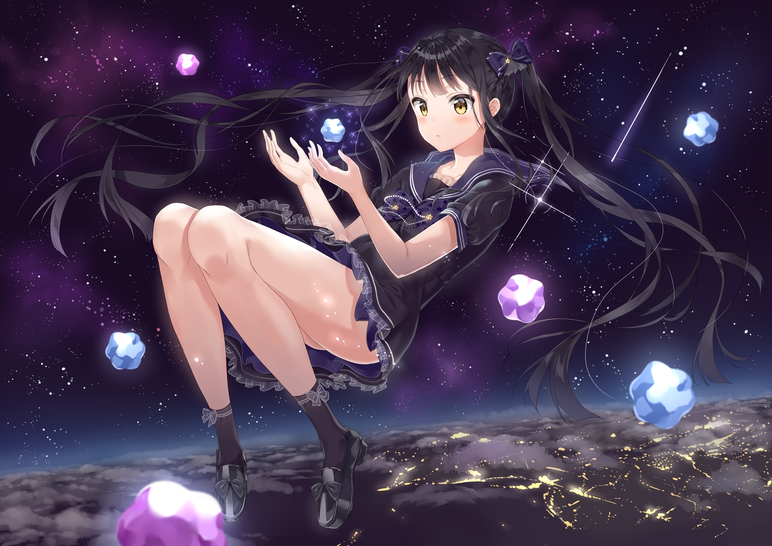black_hair, blush, bow, braids, candy, clouds, dress, long_hair