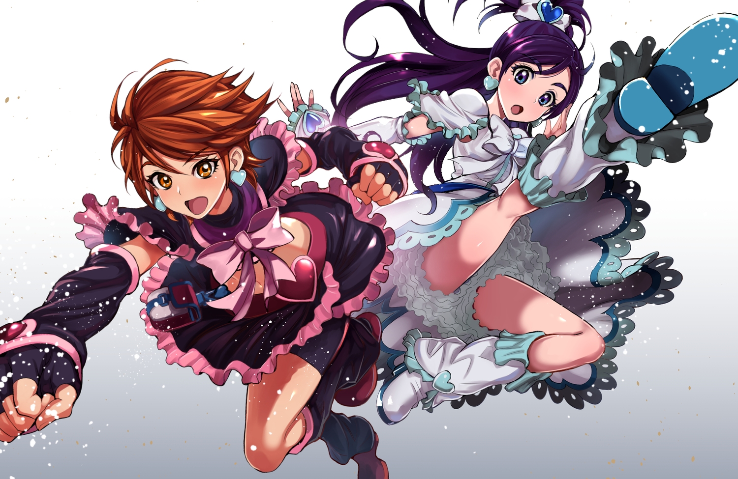 2girls, bike_shorts, blue_eyes, boots, bow, cure_black, cure_white, futari_wa_precure, gloves, gradient, kick, long_hair, misumi_nagisa, orange_eyes, orange_hair, precure, puca-rasu, punch, purple_hair, short_hair, shorts, skirt, yukishiro_honoka