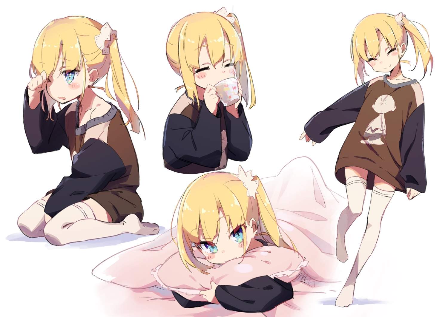 amaryllis_gumi, aqua_eyes, bed, blonde_hair, drink, hug, kotohara_hinari, loli