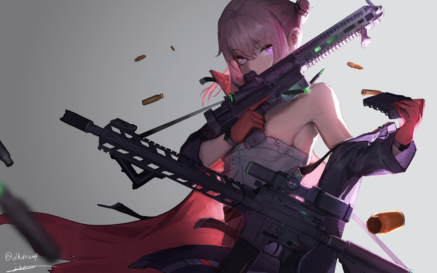 anthropomorphism, girls_frontline, gloves, gradient, gun, junexp, pink_hair, purple_eyes