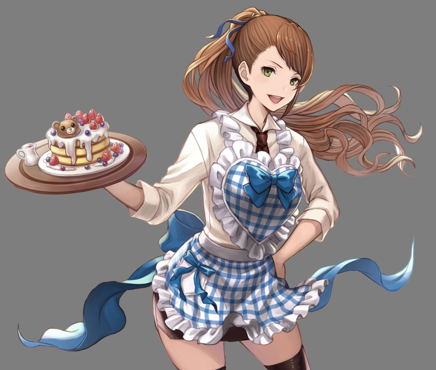 apron, beatrix_(granblue_fantasy), bow, brown_hair, cake, eustace-flamek, food, fruit, granblue_fantasy, green_eyes, long_hair, ponytail, ribbons, shirt, skirt, strawberry, thighhighs, tie, transparent, zettai_ryouiki
