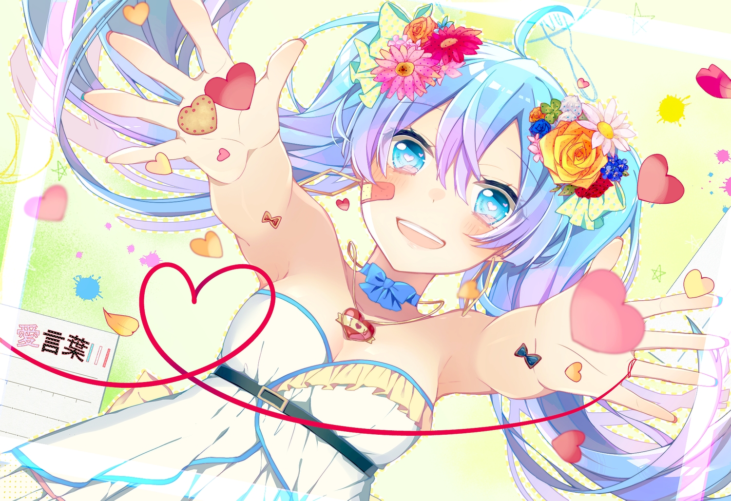 aqua_eyes, aqua_hair, asagao_minoru, bandaid, blush, breasts, cleavage, close